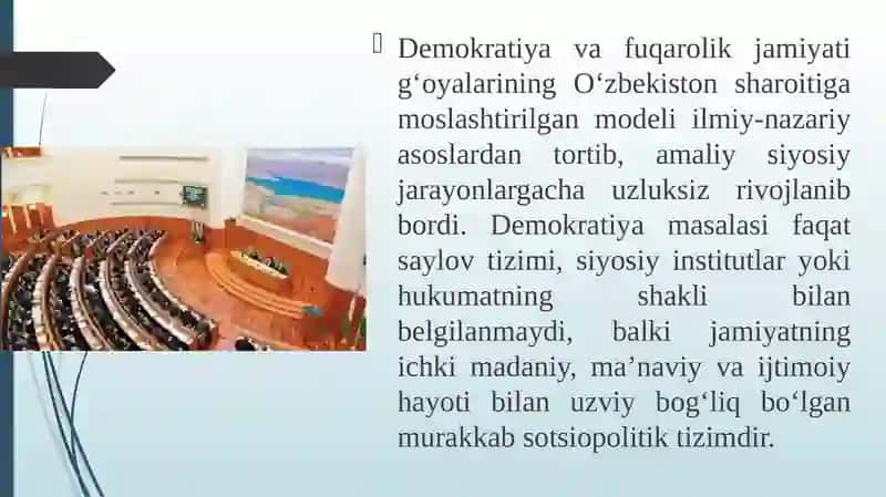 Oʻzbekistonda demokratik, fuqarolik jamiyati asoslarining shakllanishi, amalga oshirilgan siyosiy islohotlar 4