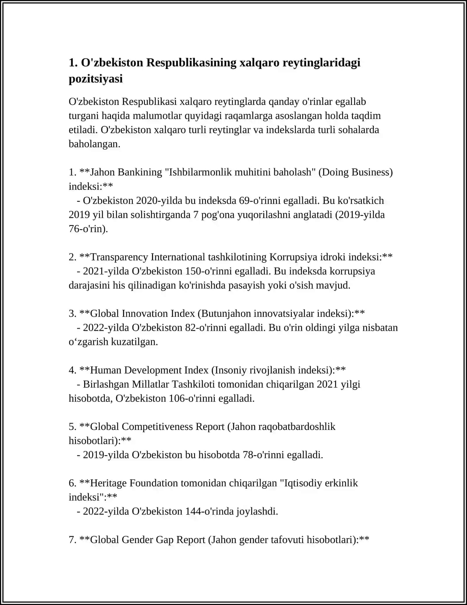 ÔZBEKISTON RESPUBLIKASINING XALQARO REYTING VA INDEKSLARDAGI ÔRNI VA NUFUZINI ORTIB BORISHI 4
