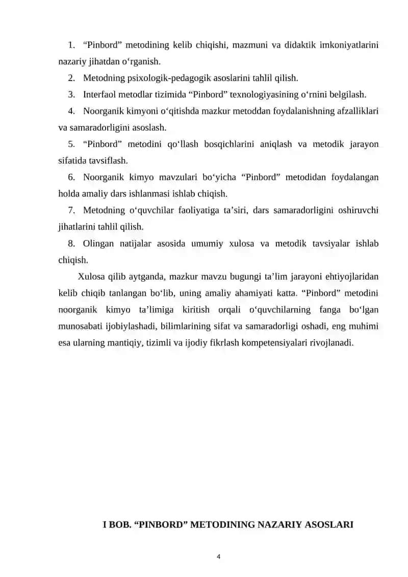 “PINBORD” METODINI NOORGANIK KIMYONI O‘RGANISHDA QO‘LLASH 4