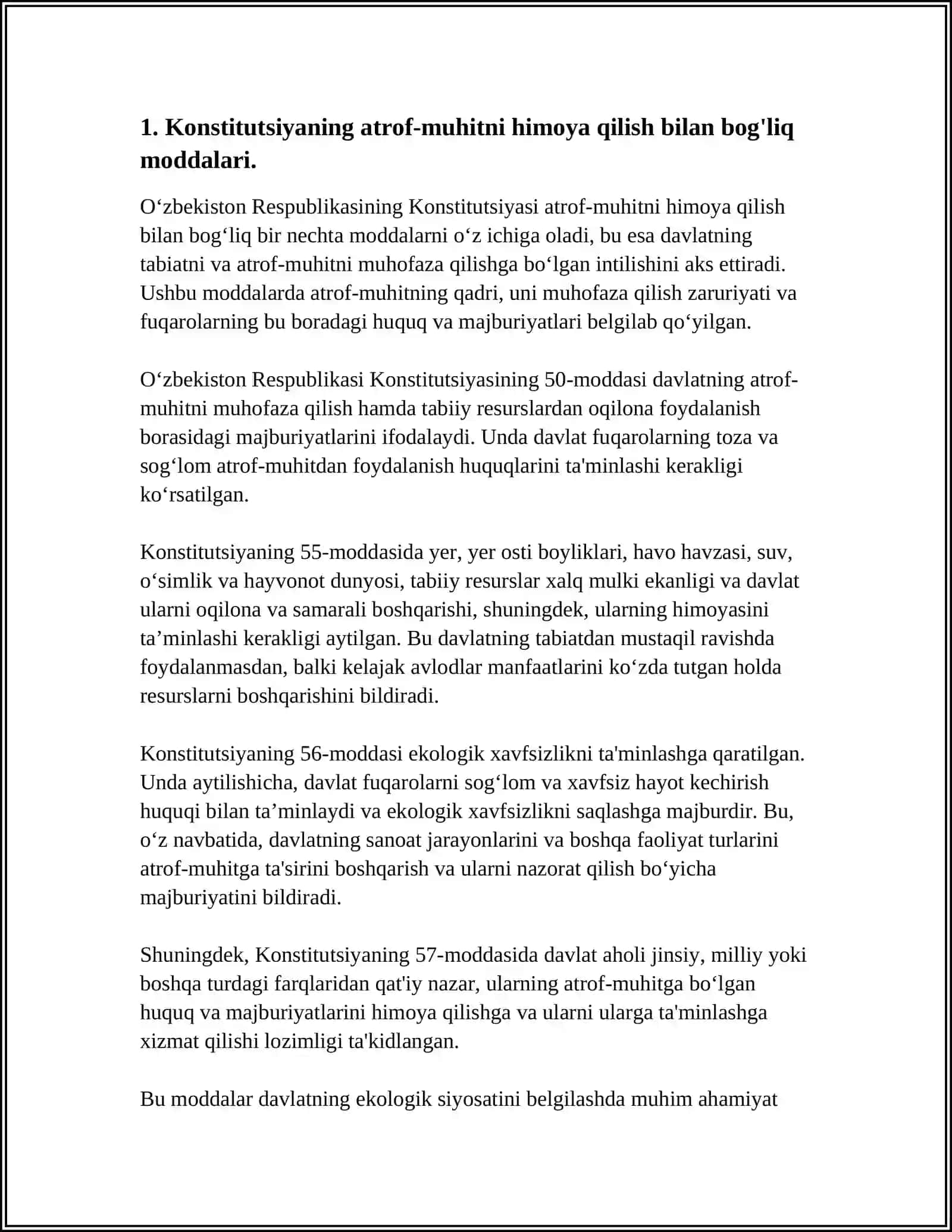 KONSTITUTSIYA QAYSI MODDALARIDA TABIATNI ASRASHGA DOIR QONUNLARNI O'RGANISH TAHLIL QILISH 4