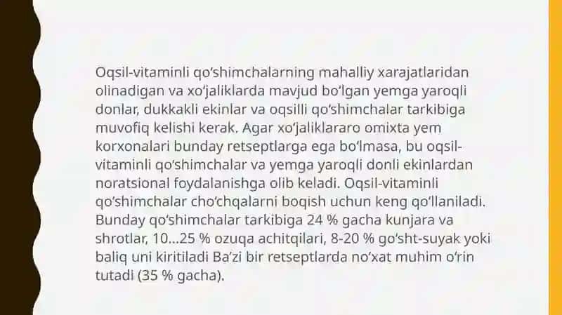 Omuxta yem oqsil vitaminli qo’shimcha ishlab chiqarishda mahsulot sifati miqdori 4