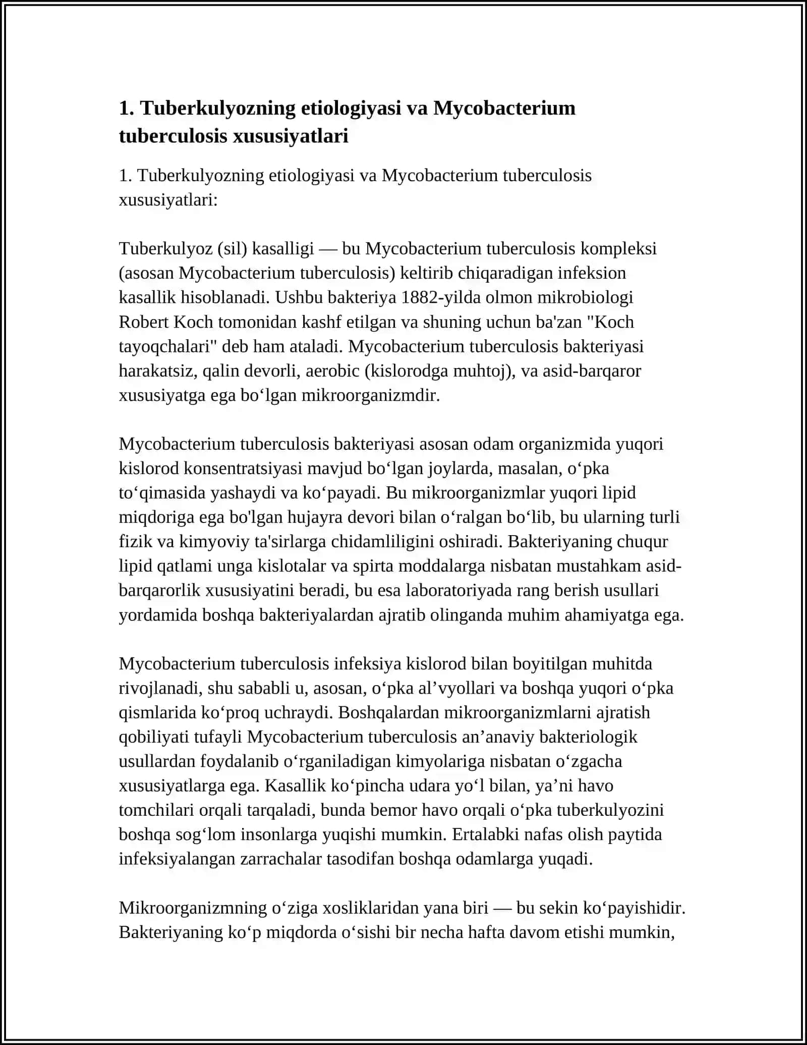 TUBERKULYOZ KASALLIGI. ÓPKANING FIZIOLOGIK VA PATALOGIK HOLATLARI. TUBERKULYOZ RIVOJLANISH JARAYONLARI, SHUNINGDEK ÓPKA TUBERKULYOZI ASORATLARI VA ULARNING OLDINI OLISH CHORALARI. TUBERKULYOZNI ERTA ANIQLASH, TASHXISLASH 4