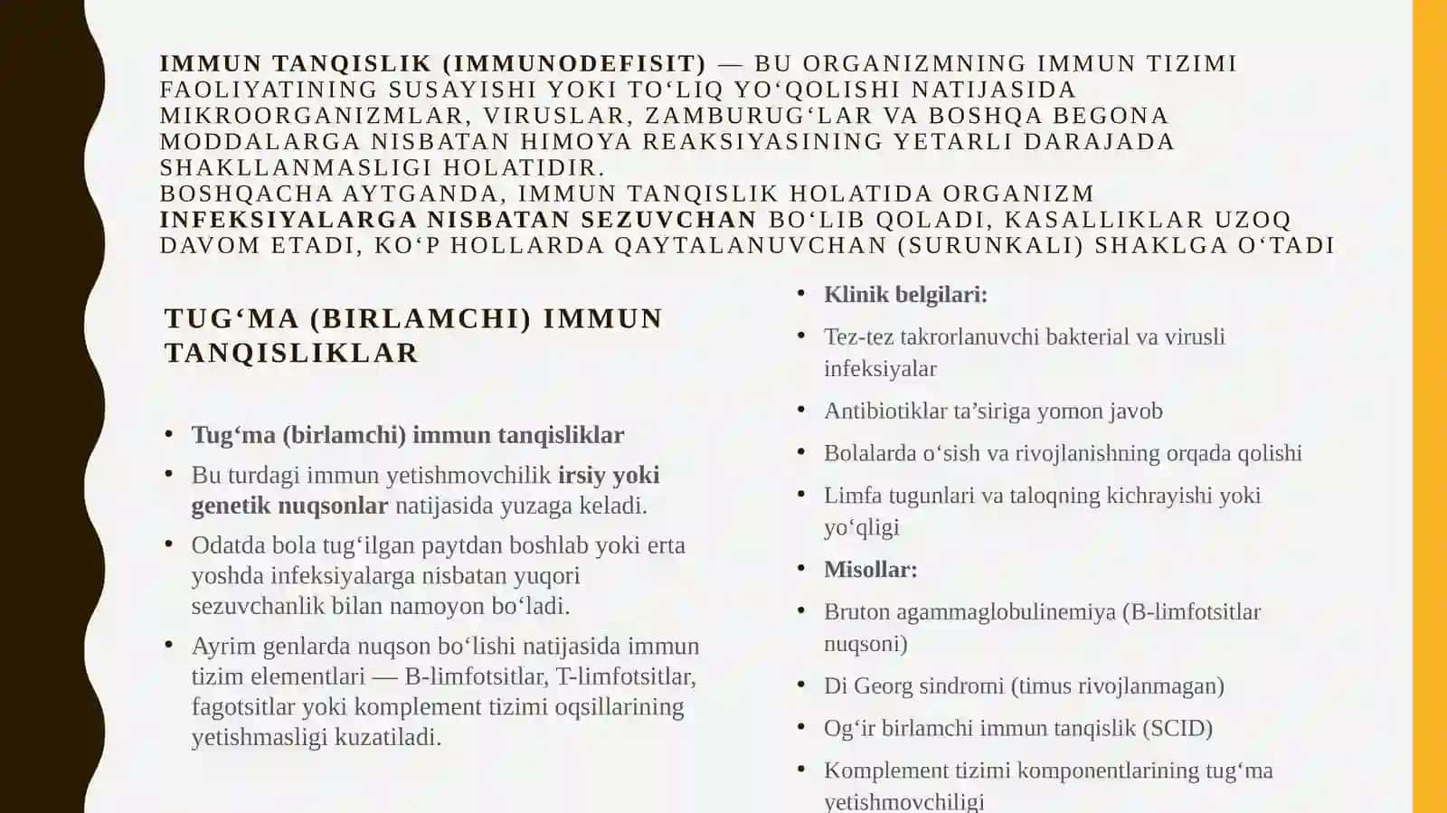 Immun tanqislik holatlari (tug'ma, hayot davomida orttirilgan). immun profilaktika va immun terapiya asoslari 4
