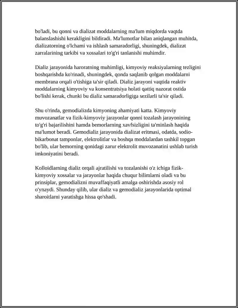 Kolloid sistemalarni dIALIZ YOLI BILAN TOZALASH. GEMODIALIZNI OTKAZISHDA KIMYONING AHAMIYATI 4
