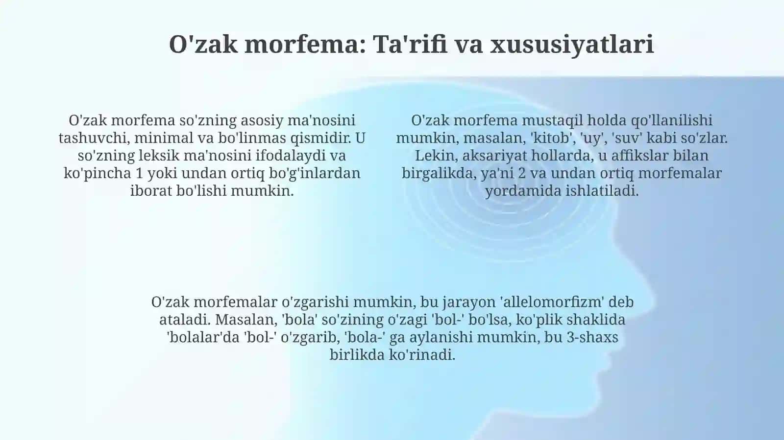 Morfemika haqida ma'lumot.Asos morfema va uning xususiyatlari.Affiks morfema va uning xususiyatlari 4