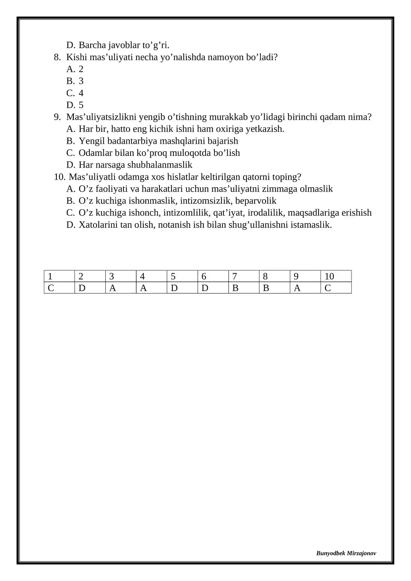 5-sinf “Tarbiya” darsligidan mavzulashtirilgan testlar. 1-2-mavzu. Vatanga muhabbat 4