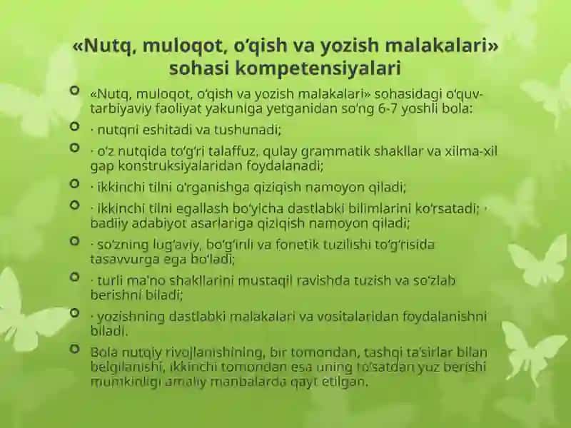 “Nutq, muloqot, o’qish va yozish”, “Bilish jarayonining rivojlanish sohasi ” va “Ijodiy rivojlanish sohasi” sohasi kompetensiyalari 4