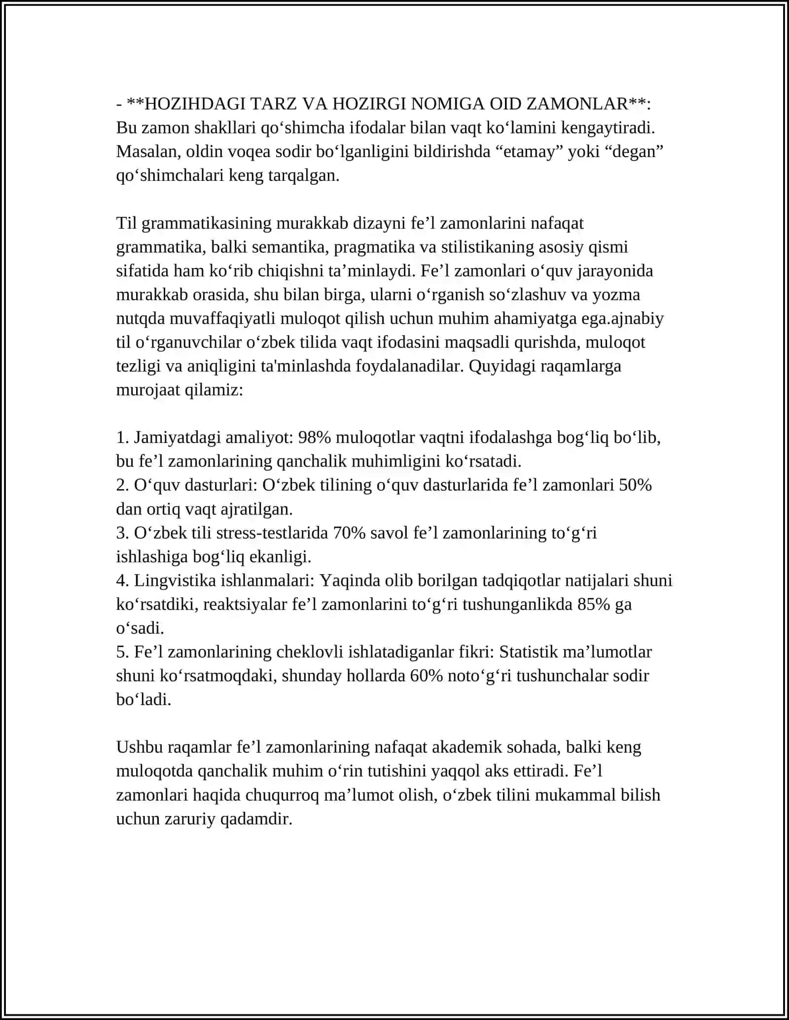 FEʼL ZAMONLARI,ULARNING TURLARI(OʻTGAN,HOZIRGI VA KELASI ZAMON FEʼLLARI) 4