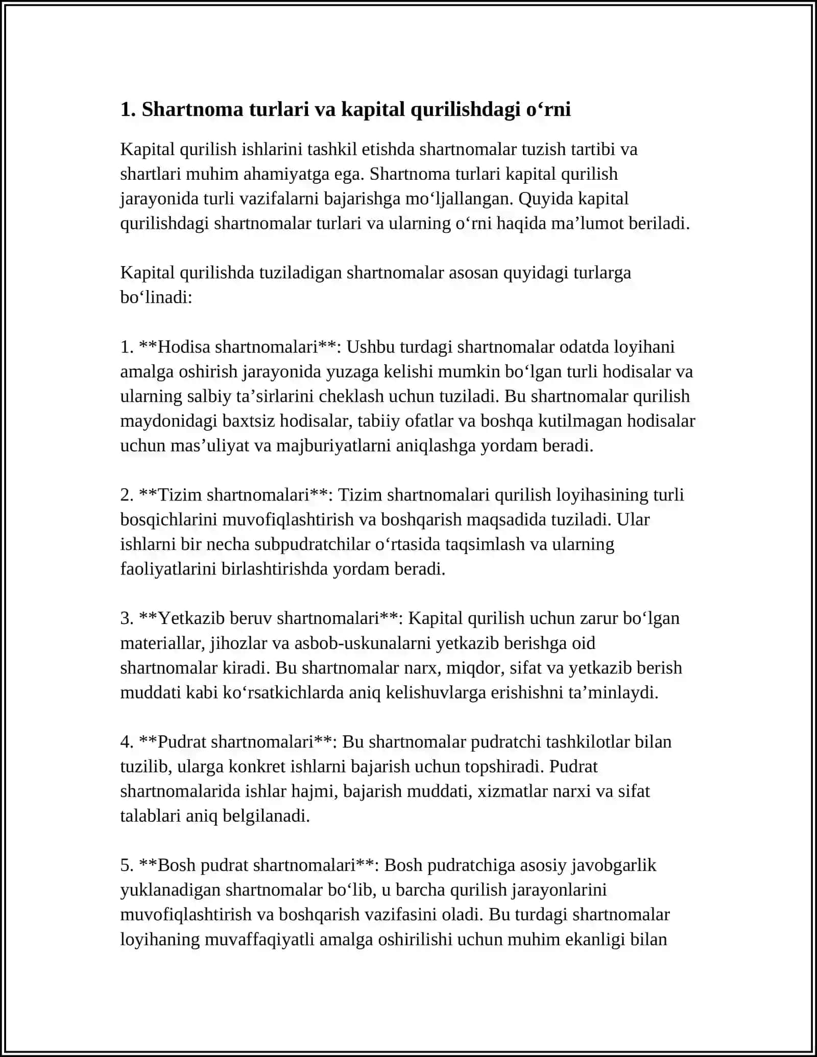 KAPITAL QURILISH ISHLARINI TASHKIL ETISHDA SHARTNOMALAR TUZISH TARTIBI VA SHARTLARI 4