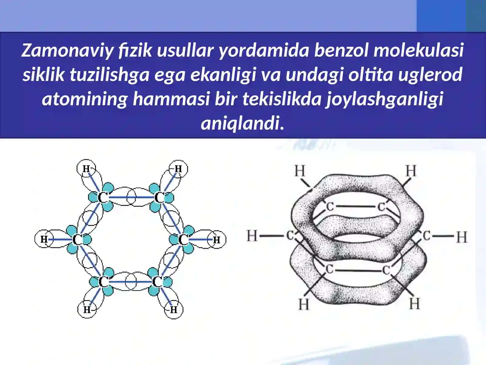Molekulasida atomlarning o‘ziga xos bog‘lanishli siklik guruhi - benzol yadrosi 4