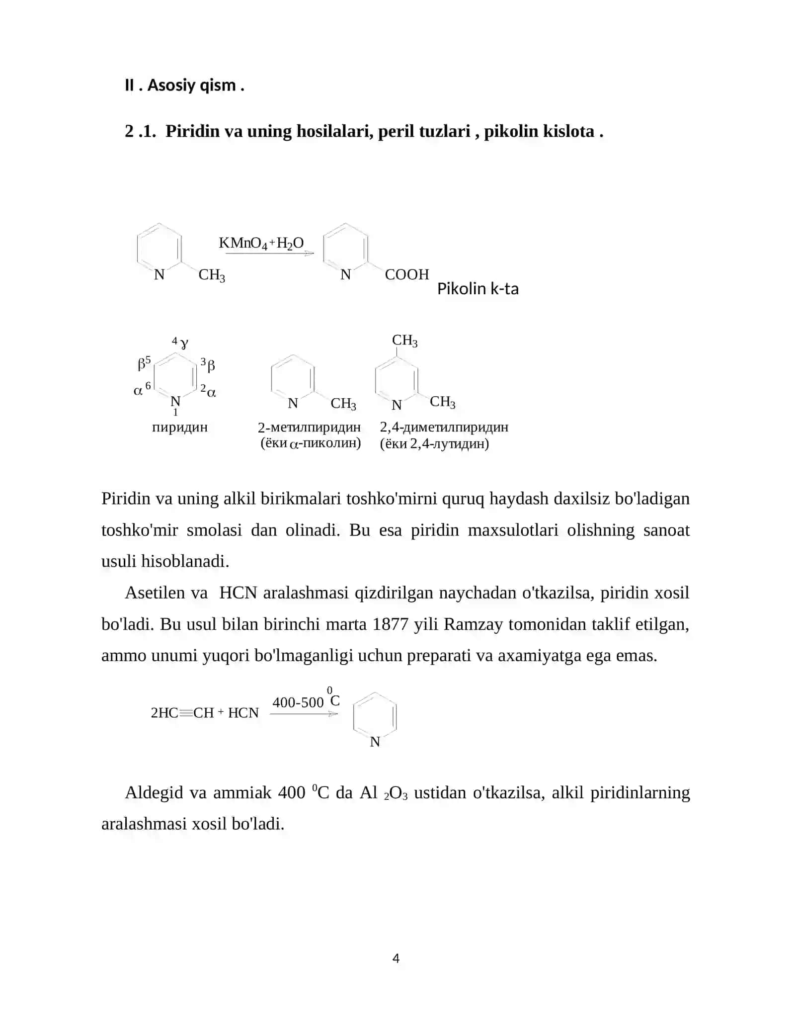 Olti a'zoli geteroxalqali birikmalar (pikolin kislota) 4