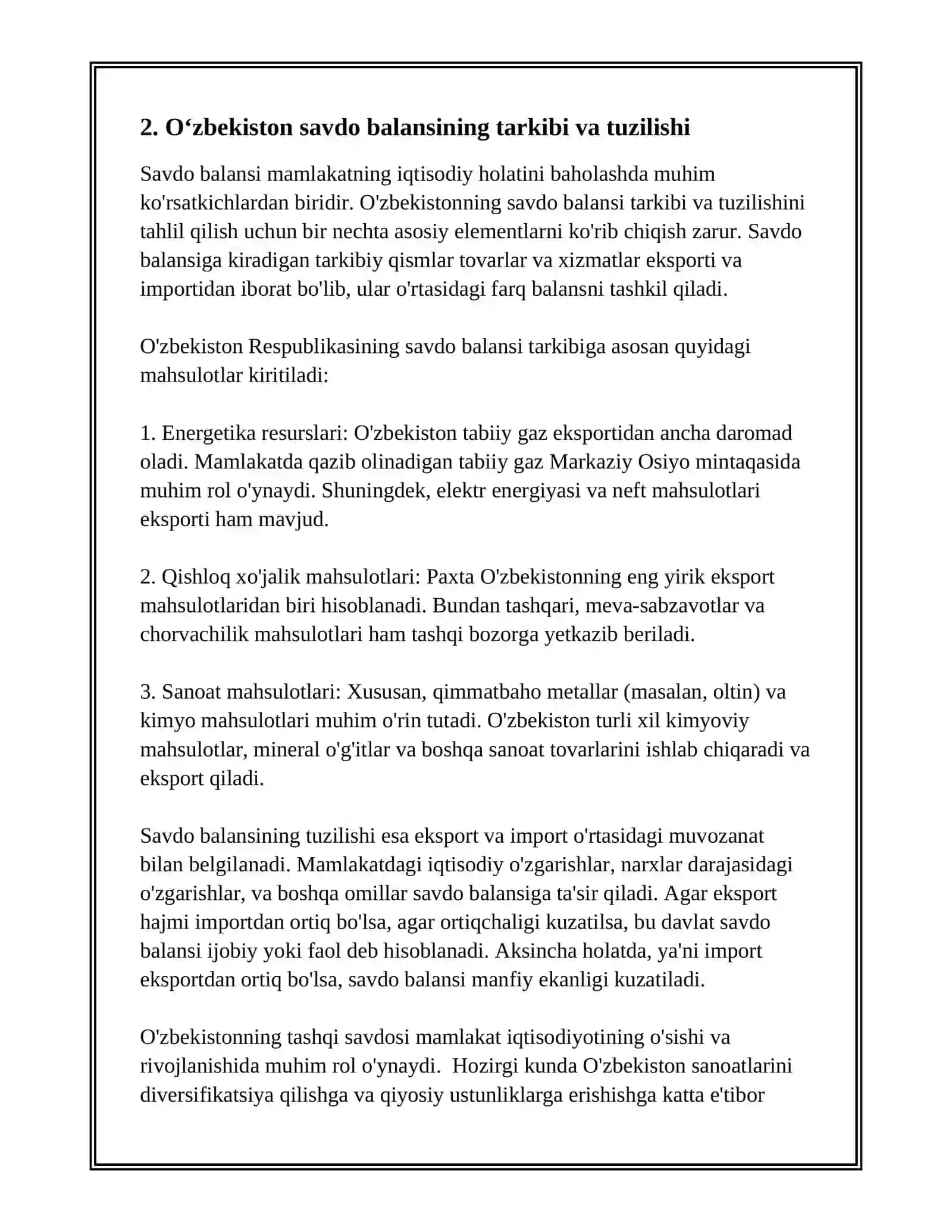 TASHQI SAVDO VA OCHIQ IQTISODIYOT. O'ZBEKISTON SAVDO BALANSINING TAHLILI 4