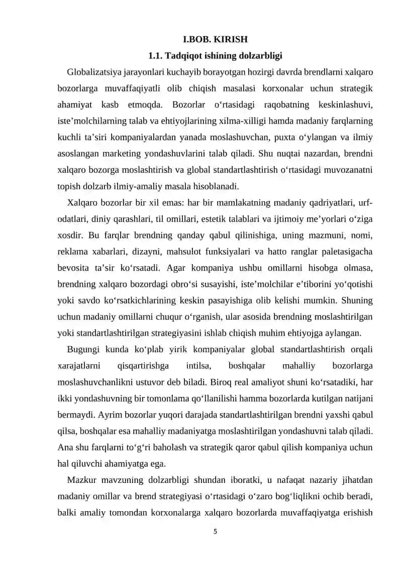 Brendni xalqaro bozorga moslashtirish va global standartlashtirish: madaniy omillar asosida tahlil. 4