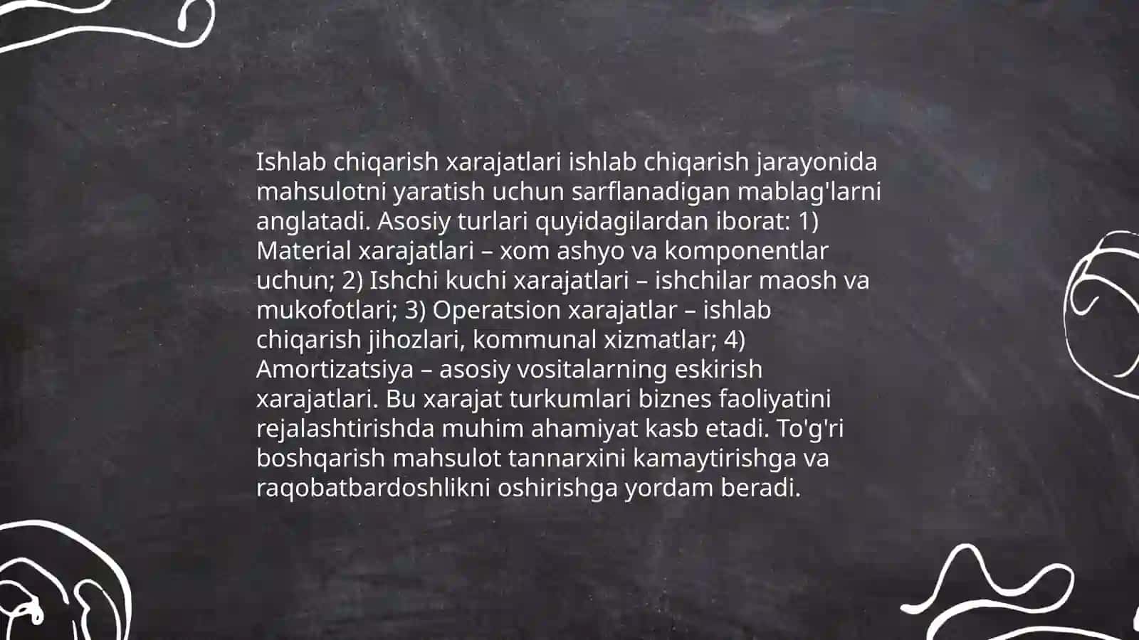 ISHLAB CHIQARISH XARAJATLARI MAZMUNI, TARKIBI VA ISHLAB CHIQARISH XARAJATLARINI KAMAYTIRISHNING IQTISODIY AHAMIYATI 4