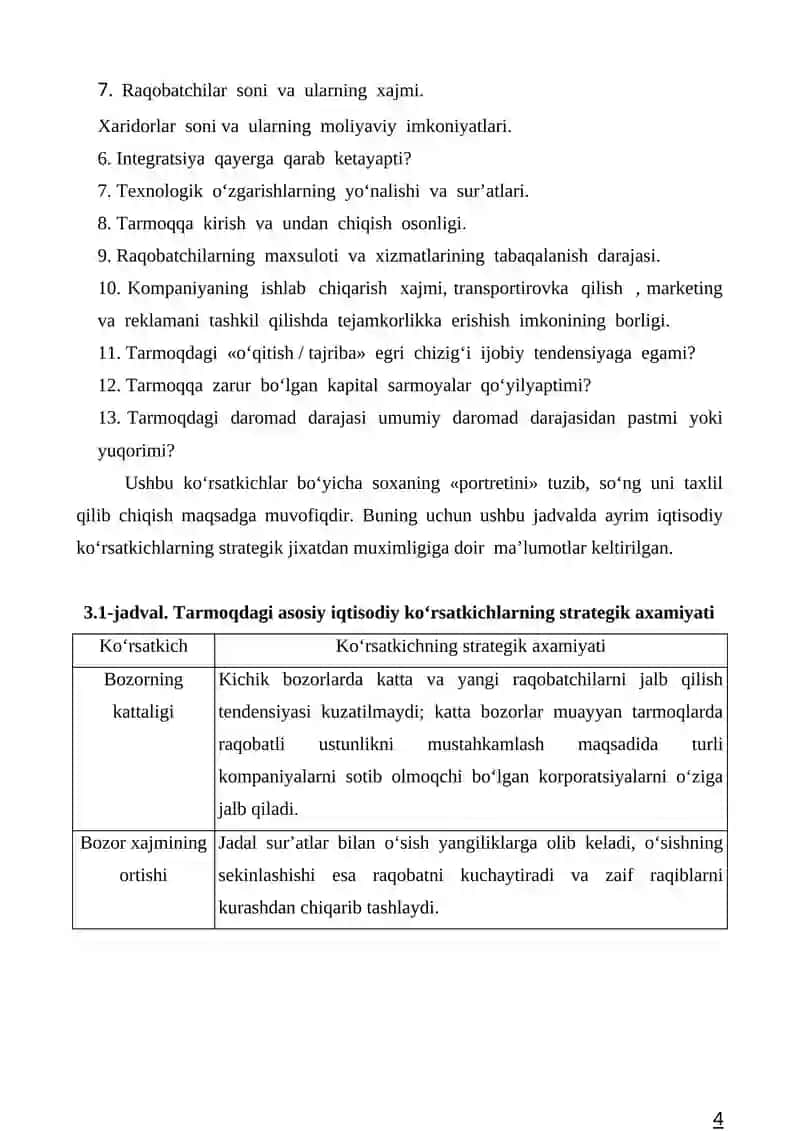 Tarmoqni tavsiflovchi umumiy iqtisodiy koʻrsatkichlarning taxlili 4
