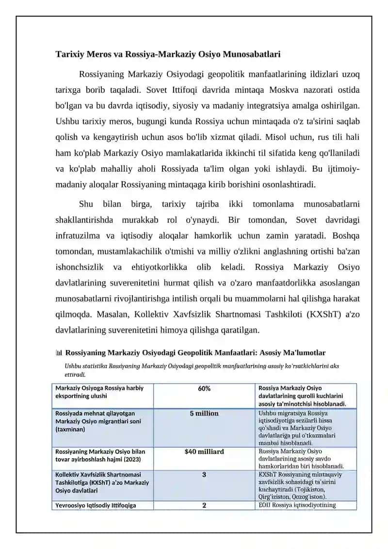 Rossiyaning Markaziy Osiyodagi geosiyosiy manfaatlari va mintaqadagi orni 4