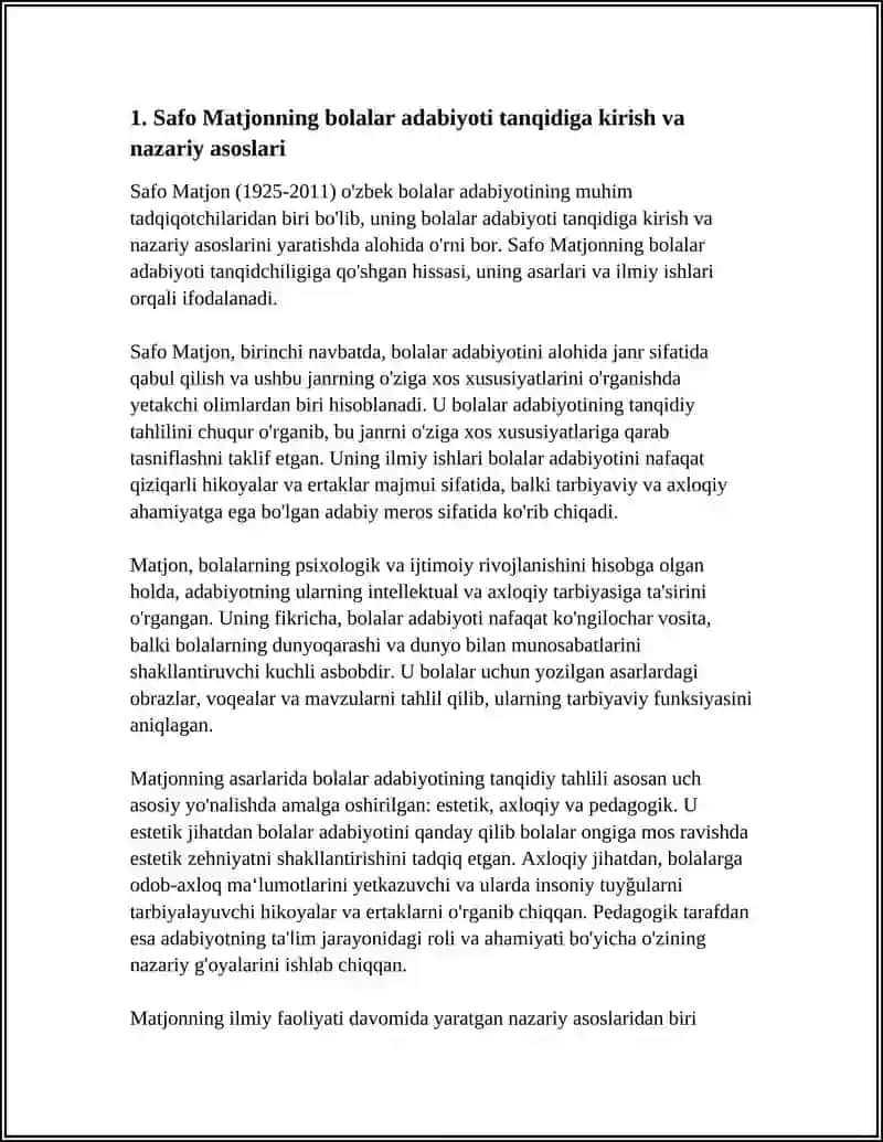 SAFO MATJONNING BOLALAR ADABIYOTI TANQIDCHILIGIGA QO'SHGAN HISSASI 4