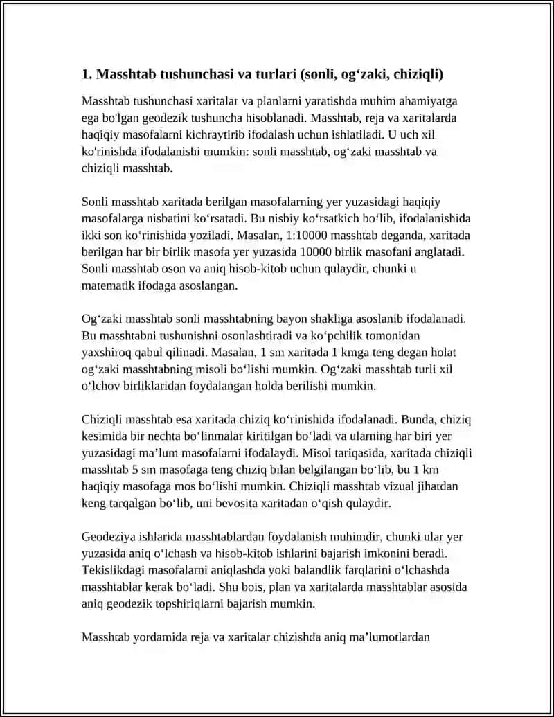 PLAN VA KARTALAR MASSHTABLARI.PLAN VA KARTA MASSHTABLARINI O'RGANISH, MASSHTABLAR ASOSIDA PLAN VA KARTALAR CHIZISHDAGI BAJARILADIGAN GEODEZIK ISHLAR 4