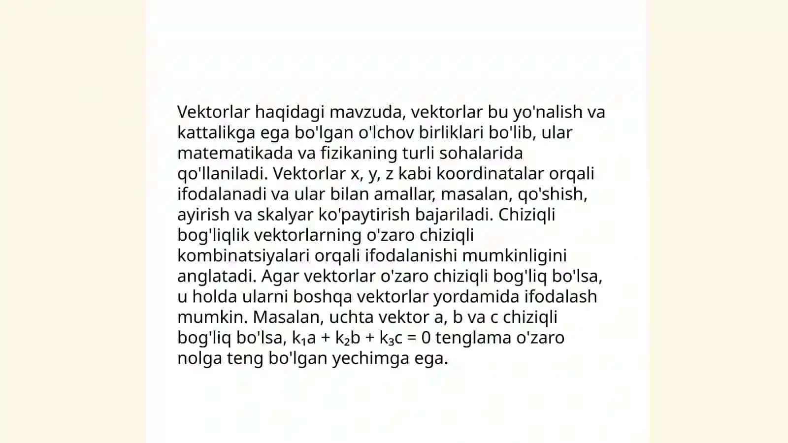 Chiziqli fazolar, chiziqli boĝliklik va chiziqli erkinlik 4
