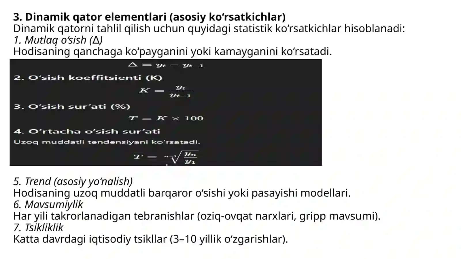 Dinamik qatorlar va ularning o'rganilayotgan xodisalarga baho berishdagi axamiyati 4