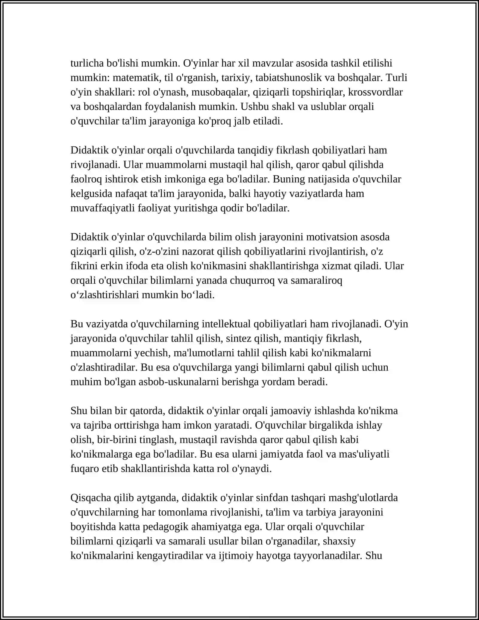 SINFDAN TASHQARI MASHG'ULOTLARDA DIDAKTIK O'YINLARNING AHAMIYATI, MAZMUNI ULARDAN FOYDALANISH USULLARI 4