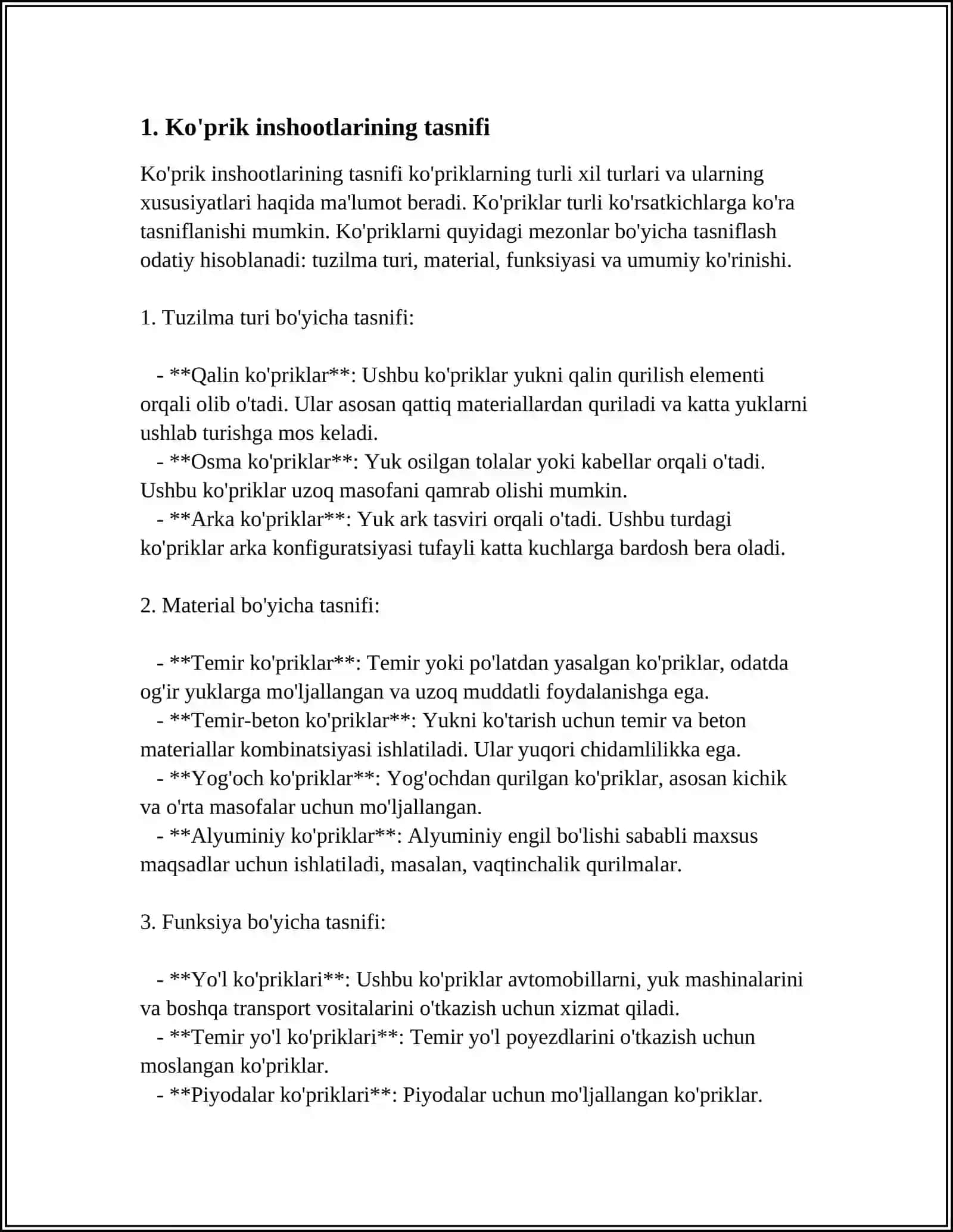 AVTOMOBIL VA SHAHAR YO‘LLARIDAGI KO‘PRIK INSHOOTLARI VA QUVURLARNING TASNIFLANISHI, QO‘YILADIGAN TALABLAR 4