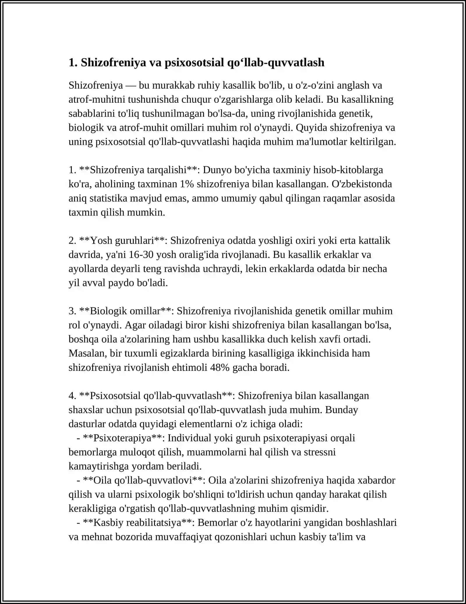 SHIZOFRENIYANING PSIXOSATSIAL JABHALARI. SHIZOFRENIYA KASALLIGINING ZOʻRAYISHIDA DAVOLASH KONSEPSIYASI 4