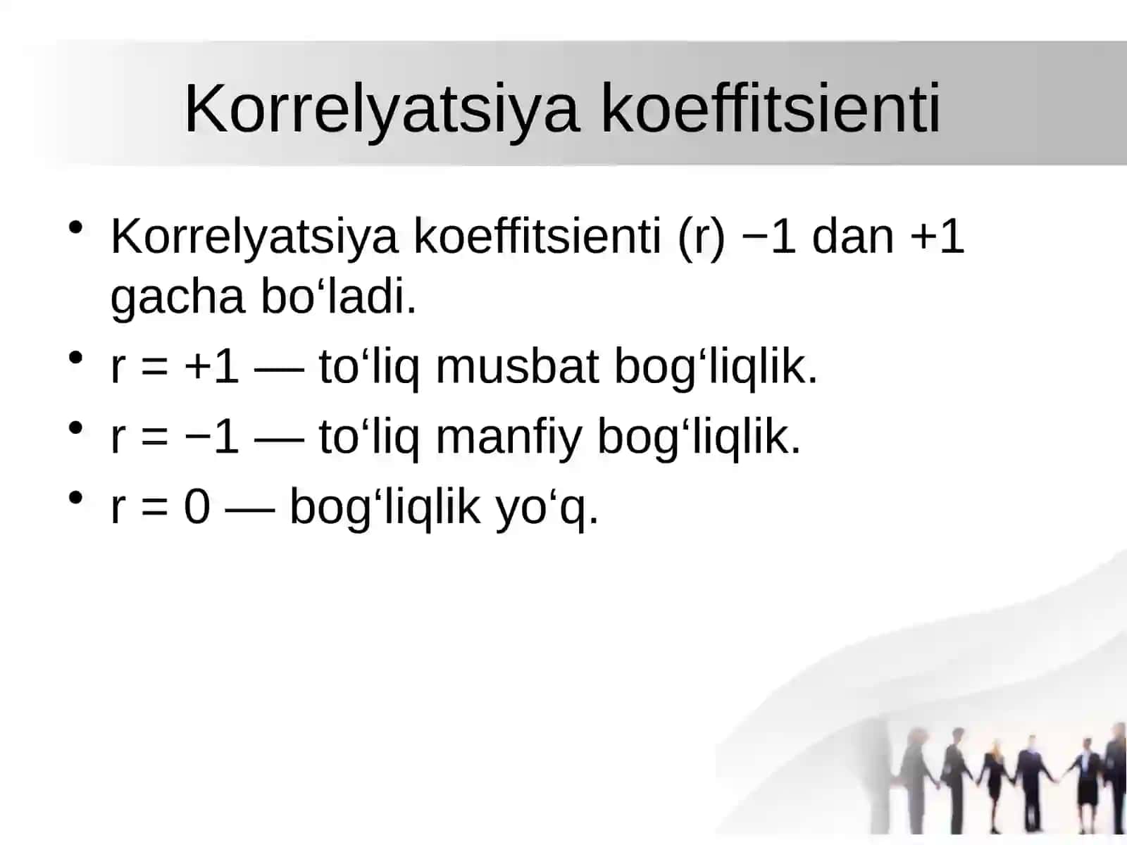 Korelyatsiya koefitsenti, uning baholash usullari, statistik tahlil etishda qo‘llanilishi 4