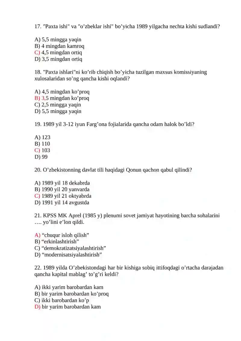 Mustaqillikka erishish arafasida O‘zbekistondagi ijtimoiy-siyosiy jarayonlar Test savollari 4