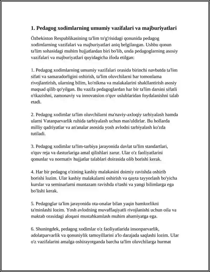 ÖZBEKISTAN RESPUBLIKASI TALIM TOGRISIDAGI QONUNIDA PEDAGOG XODIMLARINING MAJBURIYATLARI 4