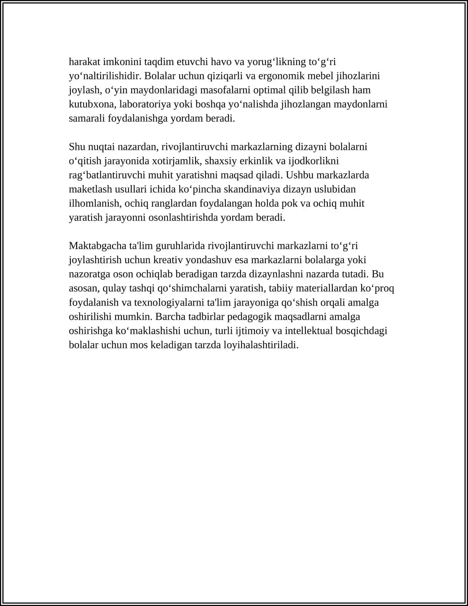 MAKTABGACHA TA'LIM GURUHLARIDA RIVOJLANTIRUVCHI MARKAZLARNI JOYLASHUVI UCHUN KREATIV YONDASHUV 4