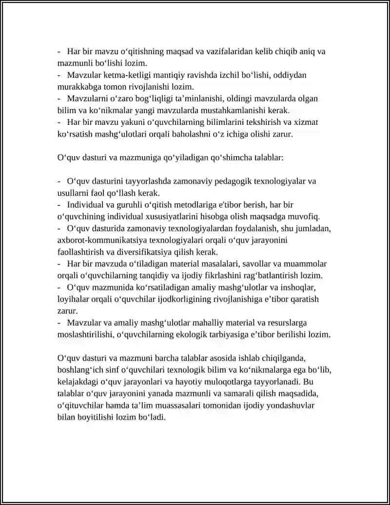 BOSHLANG‘ICH SINF TEXNOLOGIYA FANIDAN QO‘YILADIGAN TALABLAR 4