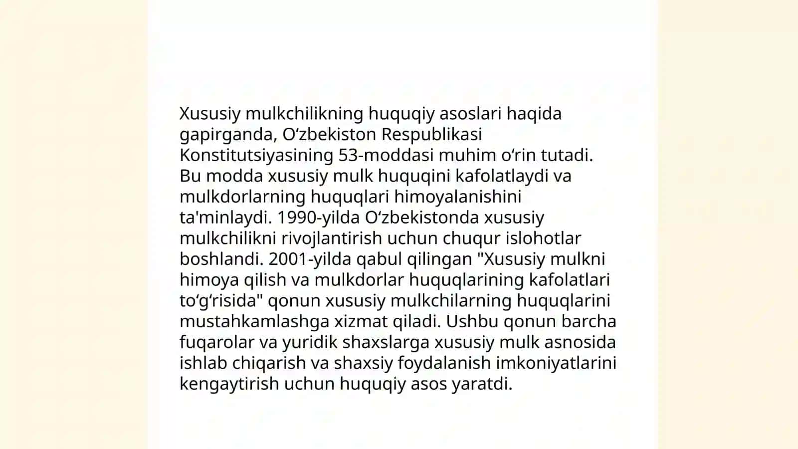Iqtisodiy islohotlar, xudusiy mulkchilikning shakllanishi.Oʻzbekistonda bozor munosabatlarining rivojlanishi 4