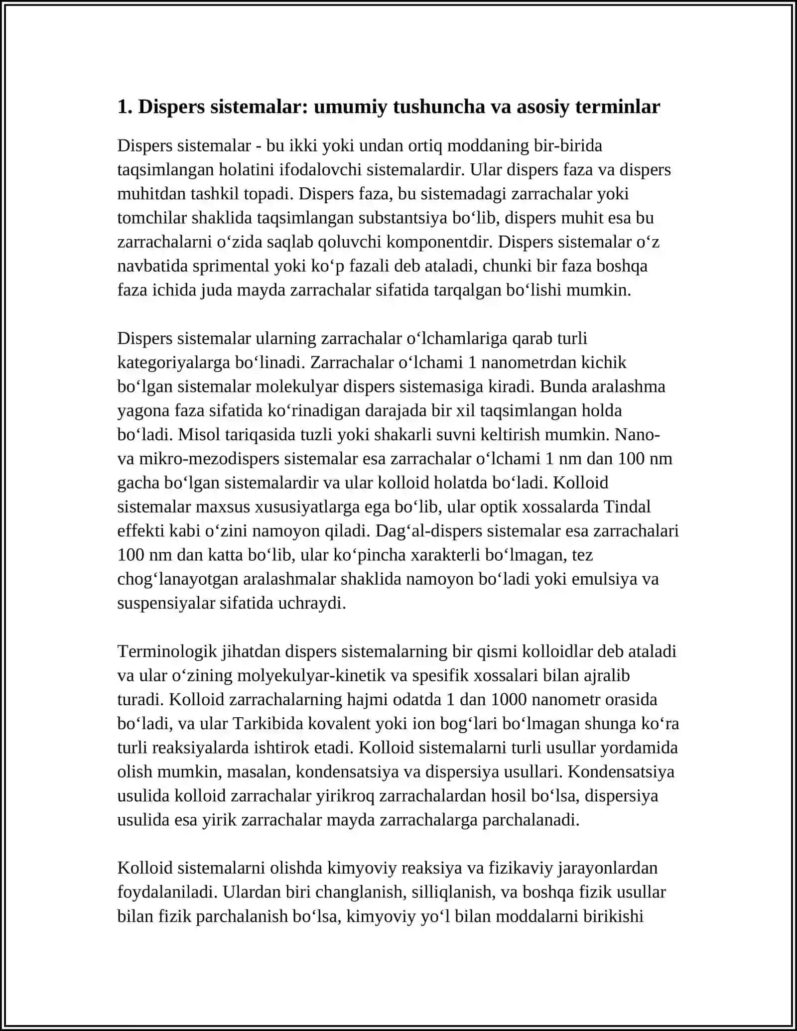 DISPERS SISTEMALAR. KOLLOID SISTEMALARNING KLADSIFIKATSIYASI, TUZILISHI, OLINISHI VA TOZALASH USULLARI. KOLLOID SISTEMALARNING MOLEKULYAR-KINETIK VA SPETSIIFIK XOSSALARI. KOLLOID SISTEMALARNING TURG‘UNLIGI. DAG‘AL-DISPERS SISTEMALAR 4