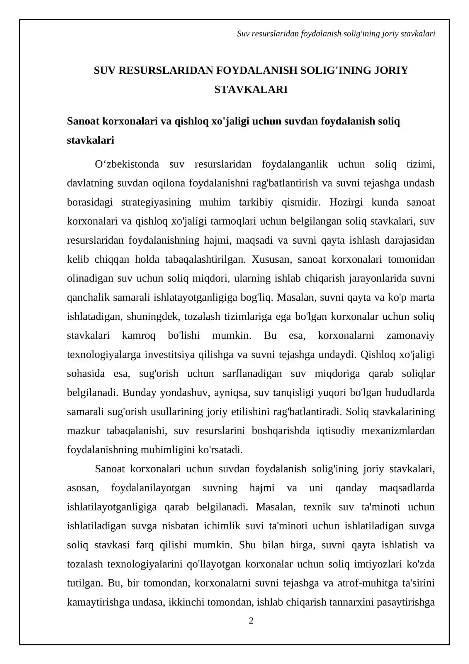 Suv resurslaridan foydalanganlik uchun soliq stavkalari va ularning tabaqalar mezoni 4