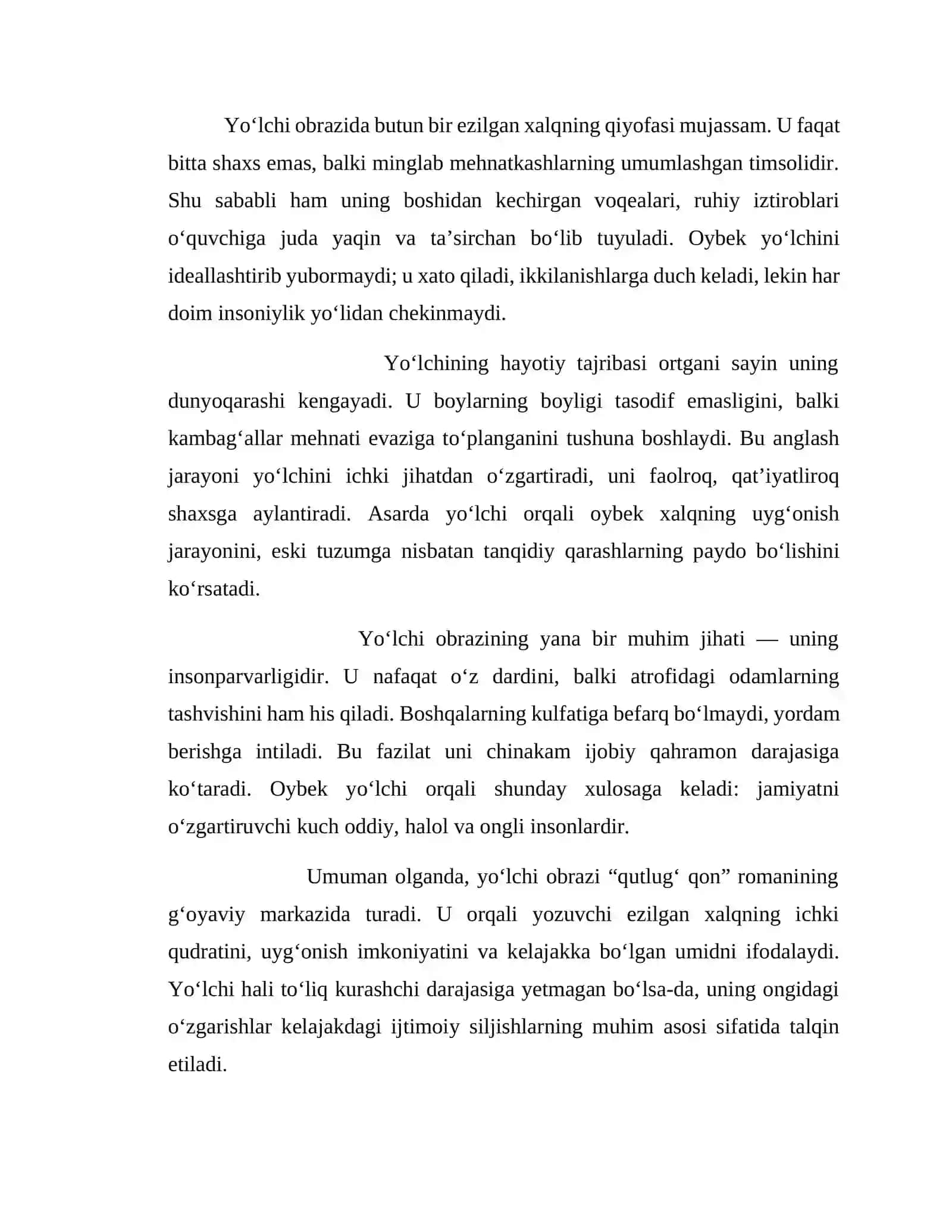 Oybekning «Qutlug‘ qon» romanida Yo‘lchi, Mirzakarimboy, Yormat obrazi 4
