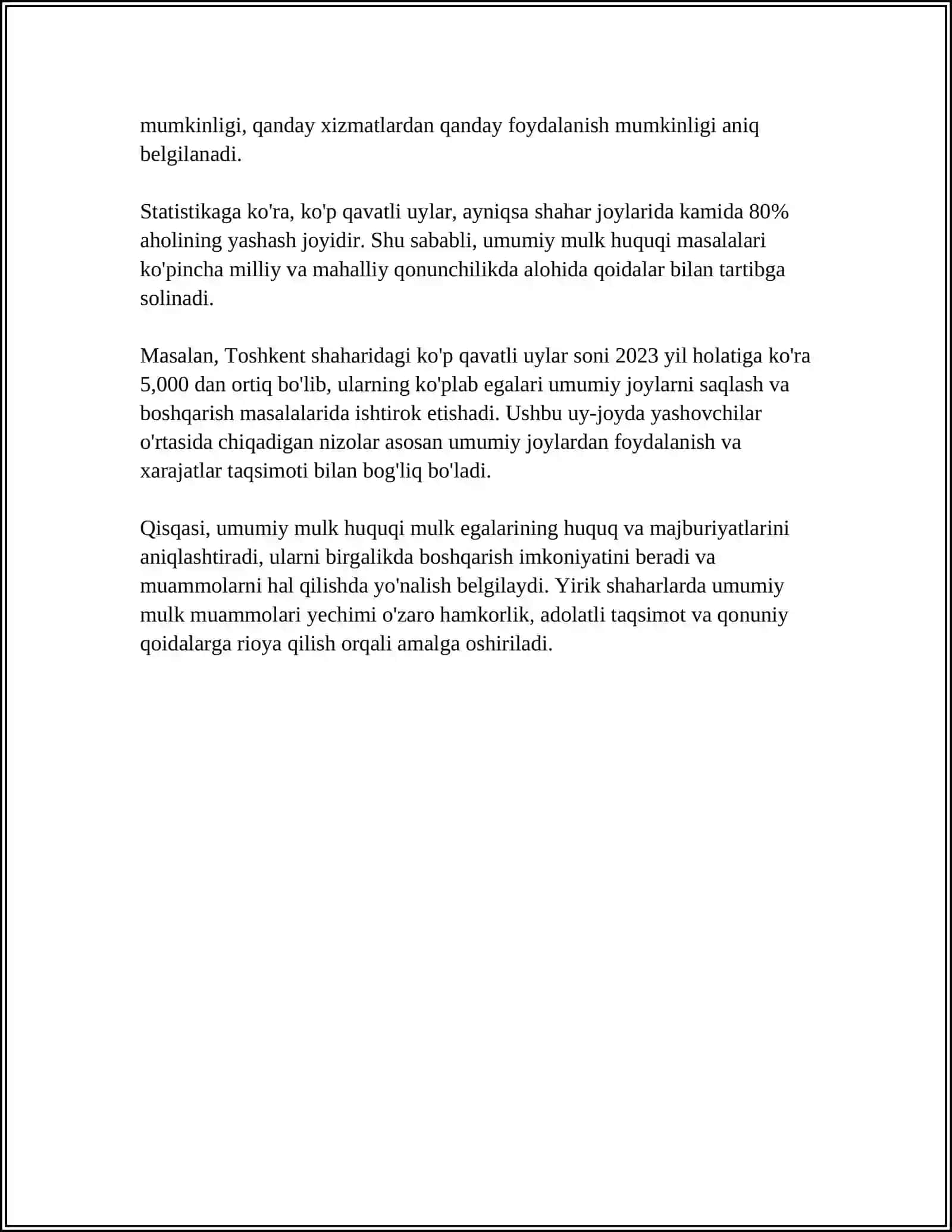 UMUMIY VA BIRGALIKDAGI MULK HUQUQI TUSHUNCHASI: UMUMIY VA BIRGALIKDAGI MULK O’RTASIDAGI FARQLAR; UMUMIY MULK SUBYEKTLARI VA OBYEKTLARI; UMUMIY MULKNI BOSHQARISH QOIDALARI 4