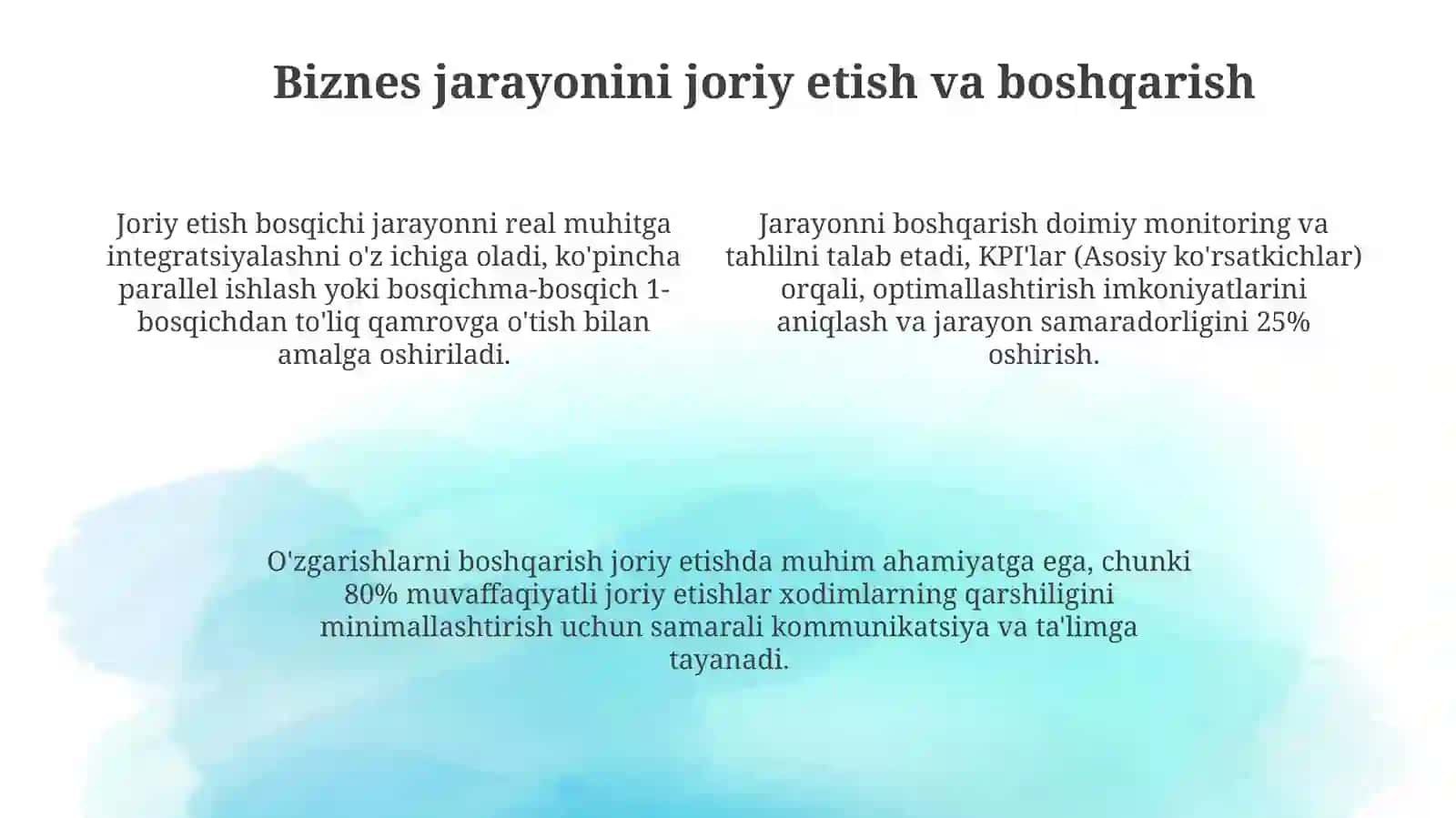 Biznes jarayonlarini tadbiq qilishning asosiy bosqichlari va ularning xususiyatlari 4