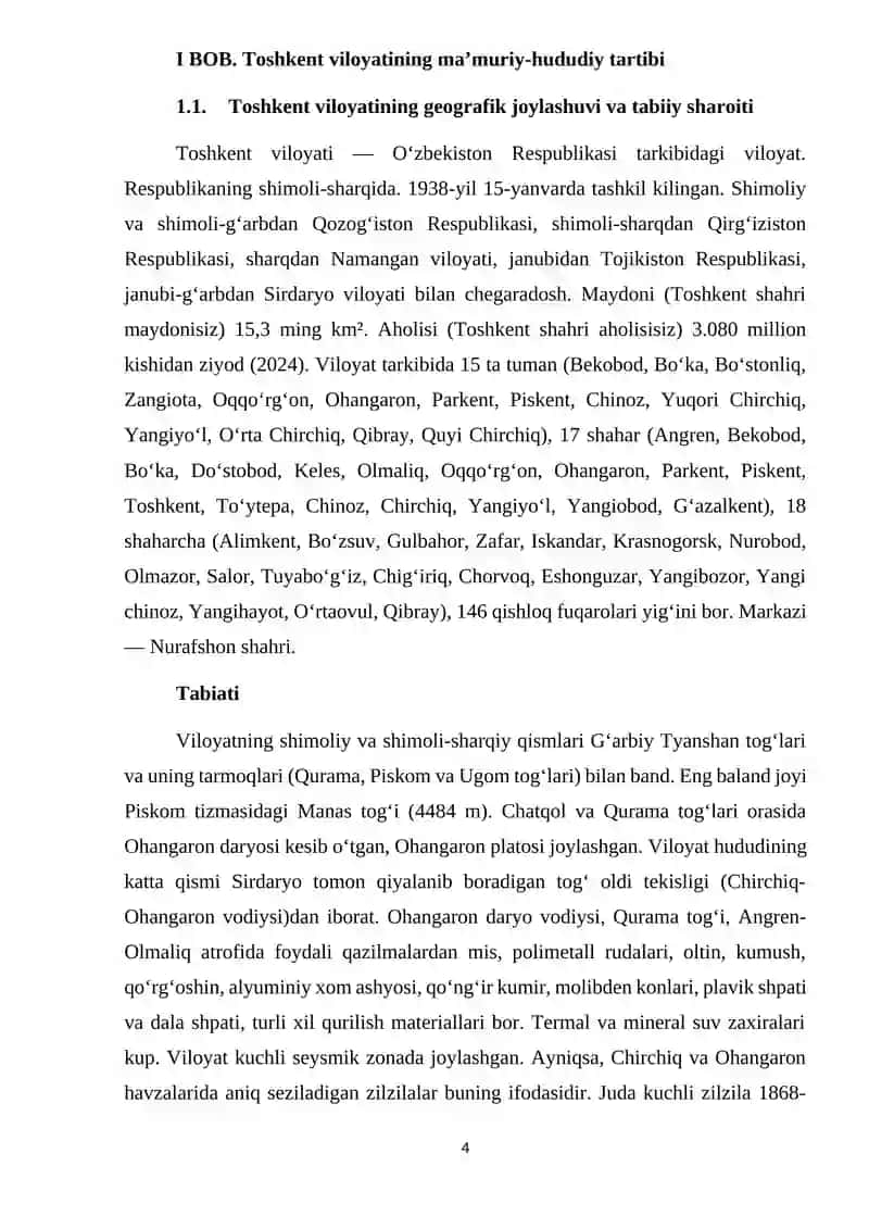 TOSHKENT VILOYATINING MA’MURIY VA HUDUDIY TARKIBI VA IJTIMOIY-IQTISODIY RIVOJLANISH XUSUSIYATLARI 4