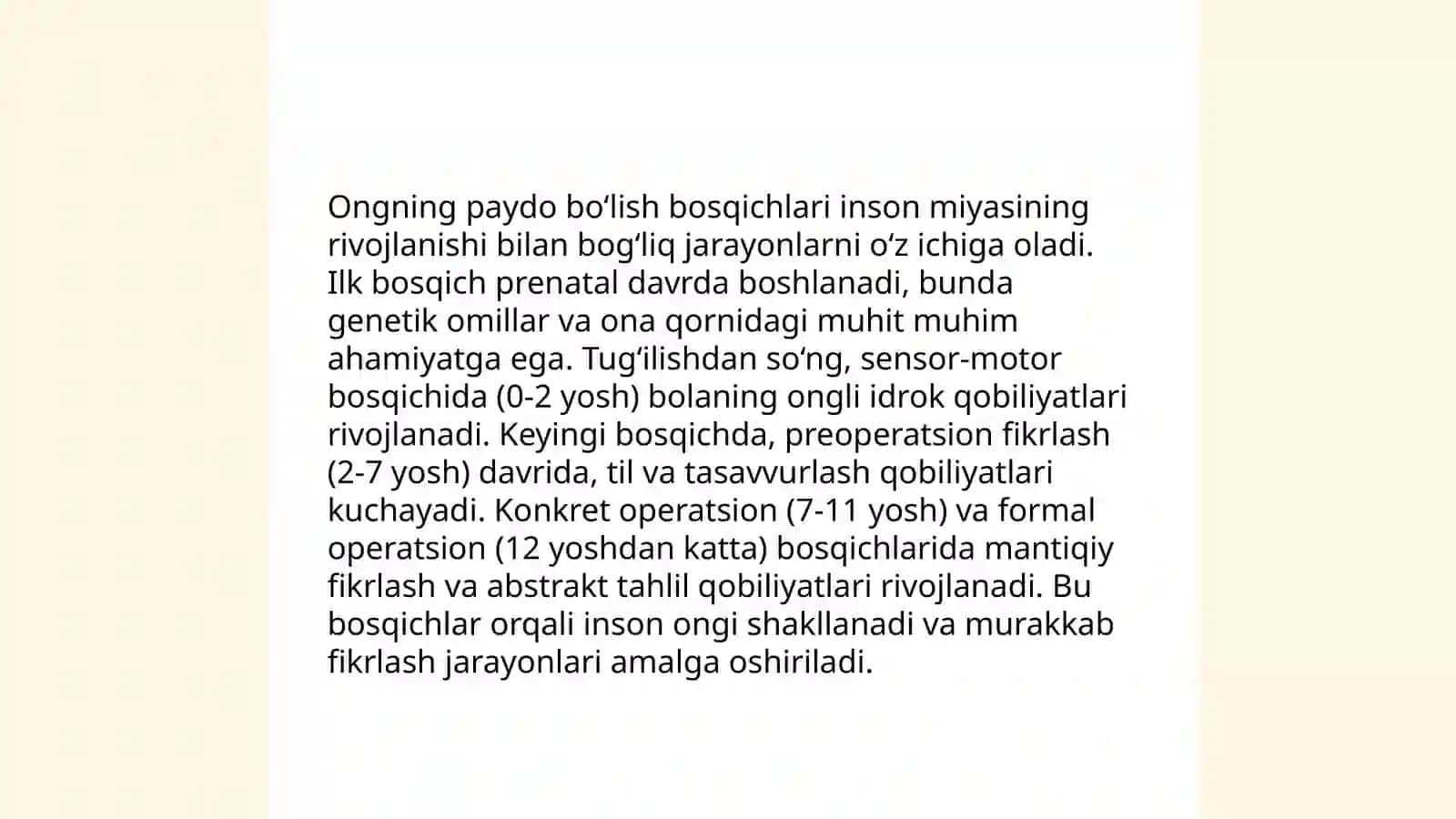 Odam psixikasining paydo boʻlishi va taraqqiyoti. Ong turlarining psixologik tavsifi 4