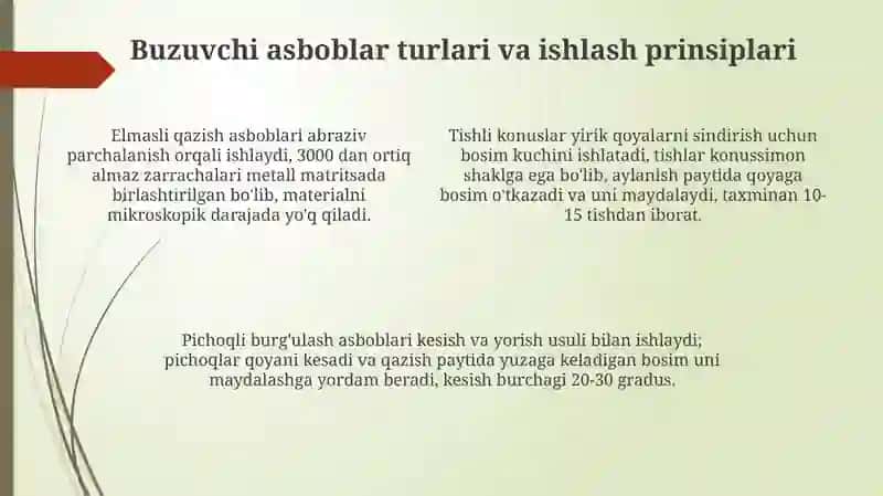 Kerinsiz burğilashda toğ jinslrini yemiruvchi asboplar bilan tanishish 4