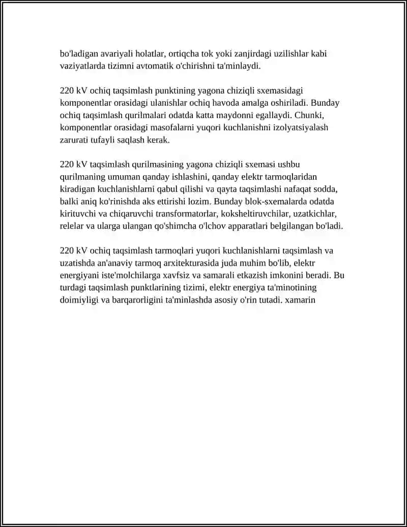 220 KVLI OCHIK TAQSIMLASH QURILMALARINI SXEMASIR CHIZING VA XARAKTERISTIKA BERING 4