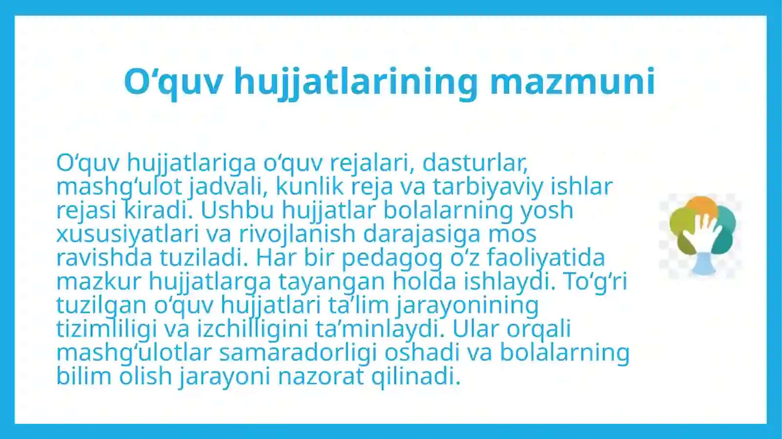Maktabgacha ta'lim tashkilotlarida o'quv, metodik hujjatlarni yuritish. Pedagogik kengashni o'tkazishga rahbarlik qilish 4