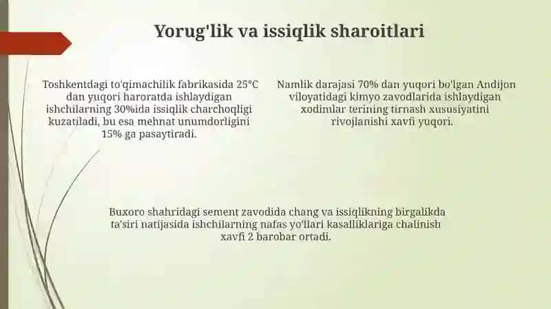 Sanoat korxonalarida mehnat gigiyenasi va ishlab chiqarish sanitariyasi 4