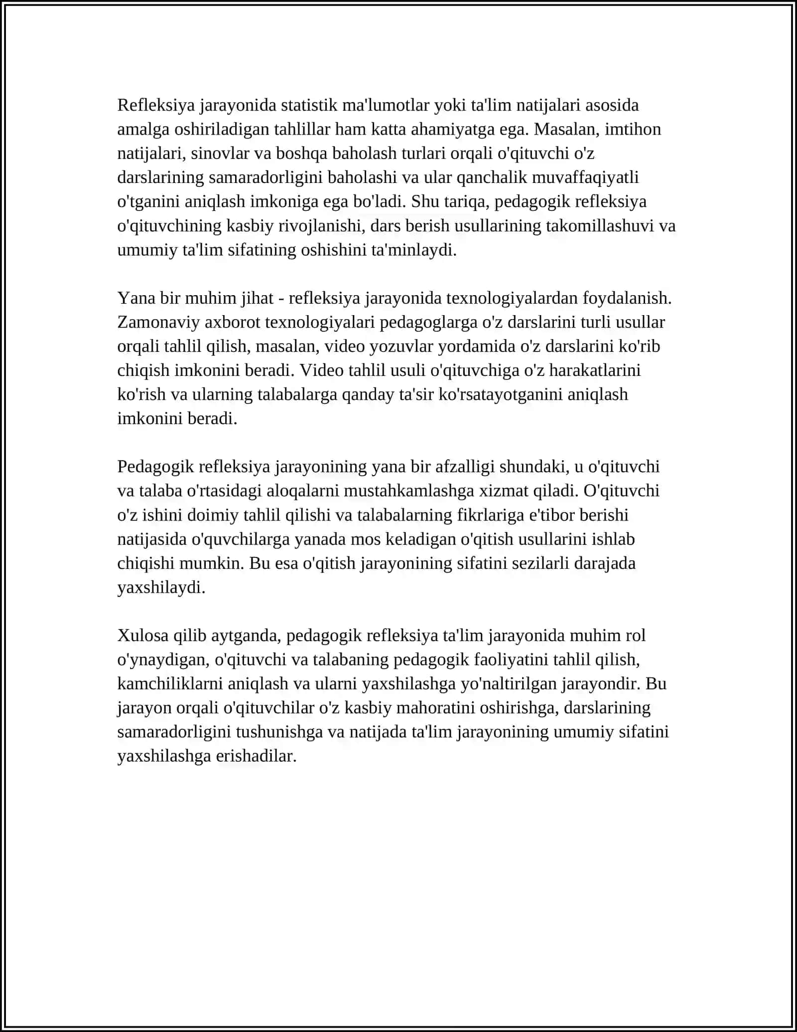 O'QITUVCHINING KASBIY PEDAGOGIK REFLEKSIYA ASOSIDA O'Z PEDAGOGIK MAHORATI IMKONIYATLARINI TAKOMILLASHTIRISHI 4