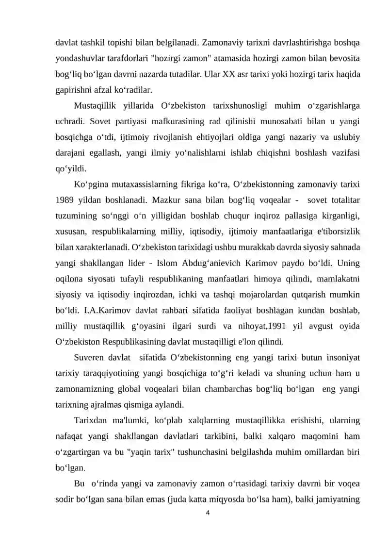 ”O‘zbekistonning eng yangi tarixi” o‘quv kursining predmeti, maqsadi va vazifalari, nazariy-metodik tamoyillari 4