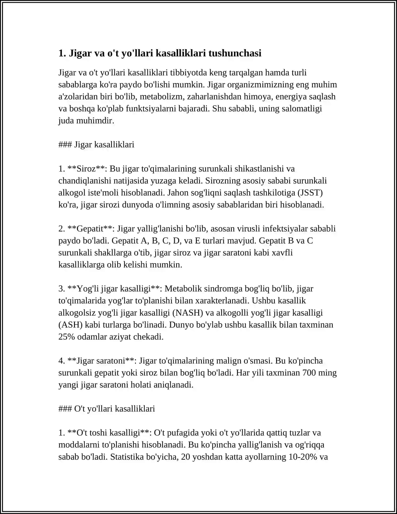 JIGAR VA O`T YO'LLARI KASALLIKLARIDA BEMORLARNI TEKSHIRISH. SO'RAB SURISHTIRISH. ASOSIY SHIKOYATLARI, DIAGNOSTIK AHAMIYATI. KO'ZDAN KECHIRISH, JIGAR PERKUSSIYASI (KURLOV BO'YICHA), PALPATSIYASI. DIAGNOSTIK AHAMIYATI 4