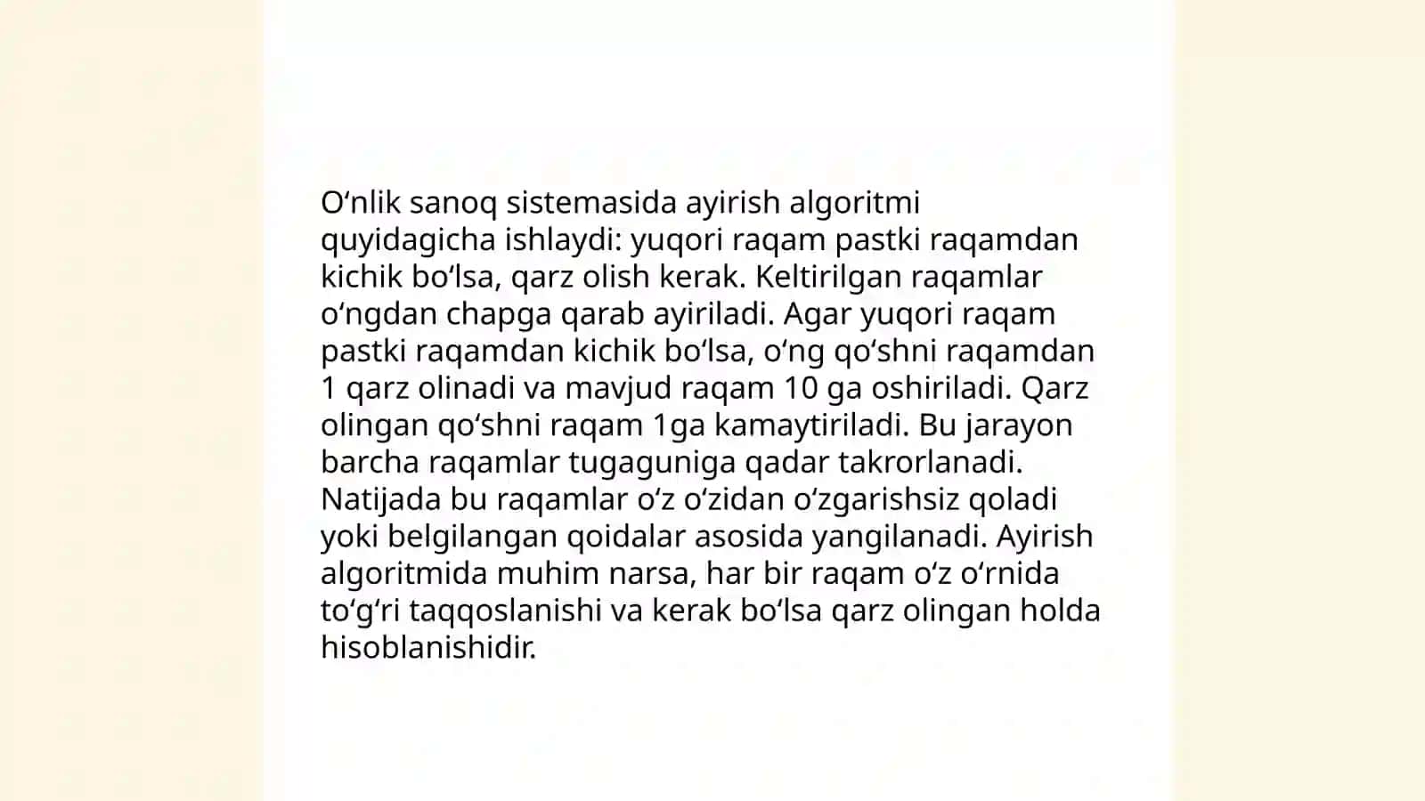 Oʻnlik sanoq sistemasidagi nomanfiy butun sonlarni arifmetik amallarning algoritmi 4