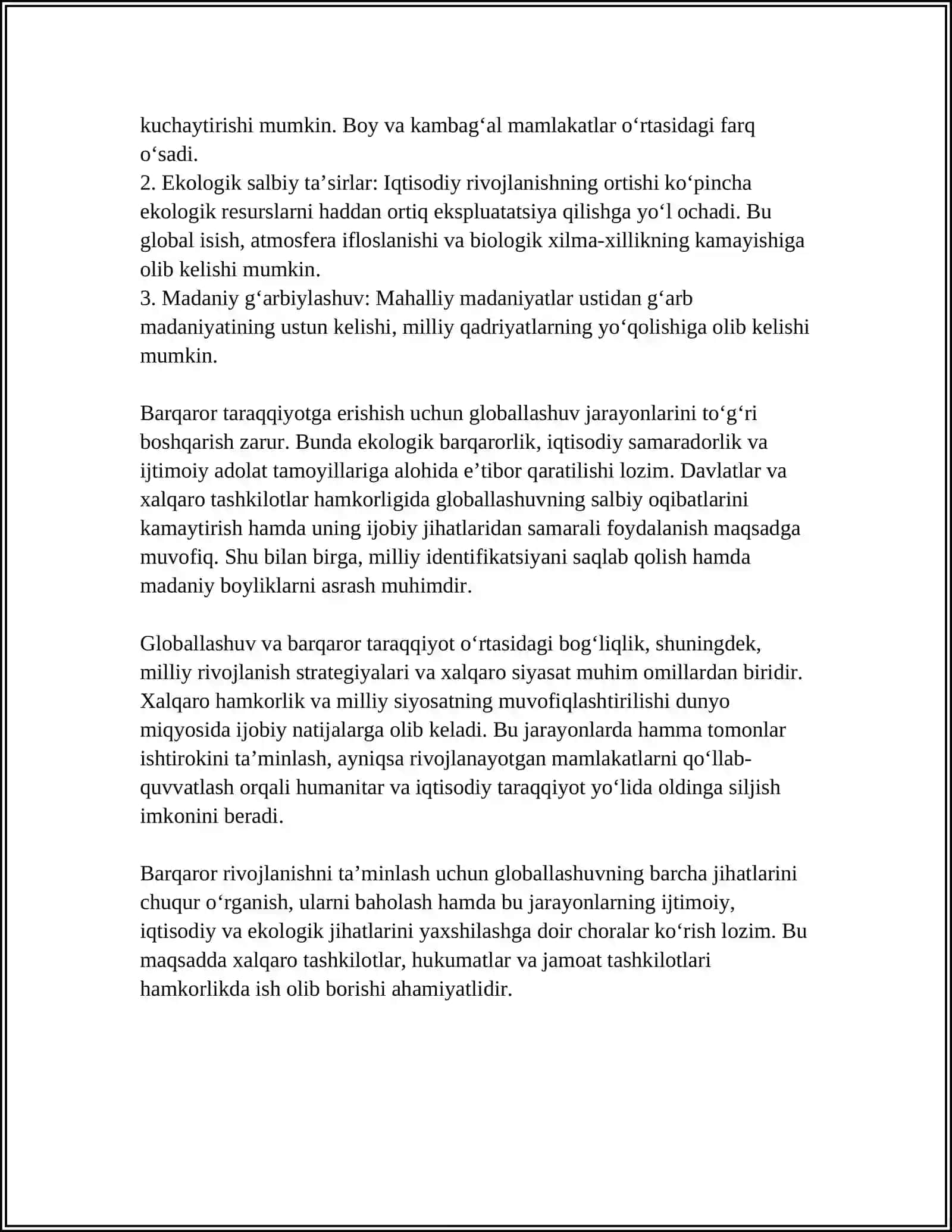 BARQAROR TARAQQIYOTNI TAMINLASHDA GLOBALLASHUVNING IJOBIY VA SALBIY YOʼNALISHLARI 4