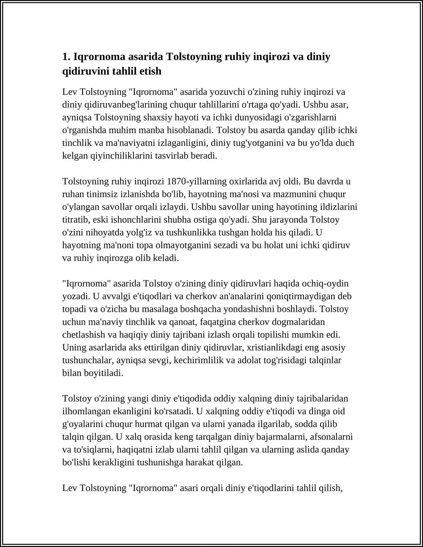 LEV TOLSTOYNING "IQRORNOMA" ASARIDAGI DINIY EʼTIQODLARNI TAHLIL ETISH 4